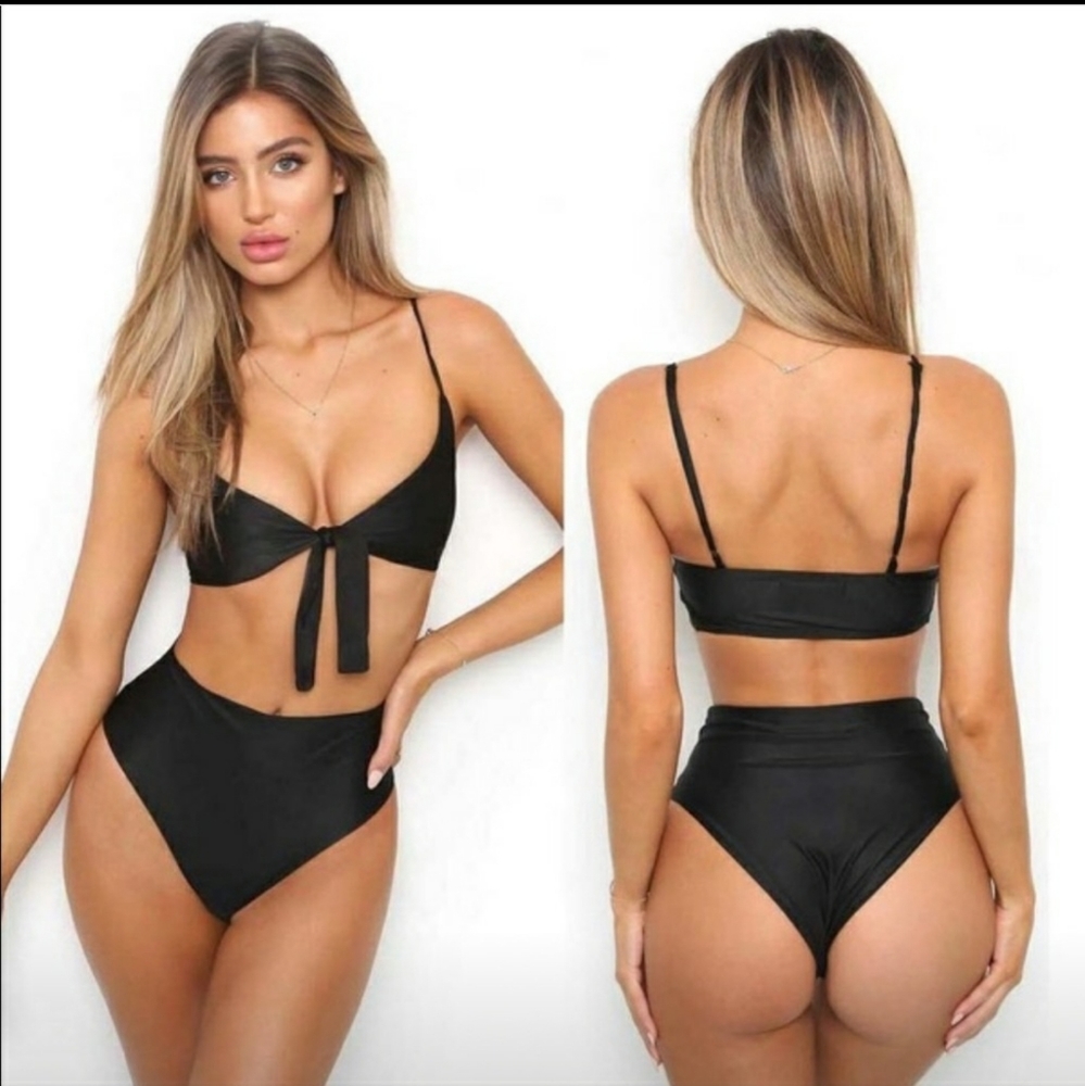 High Waist Front Tie Cheeky Bikini Black